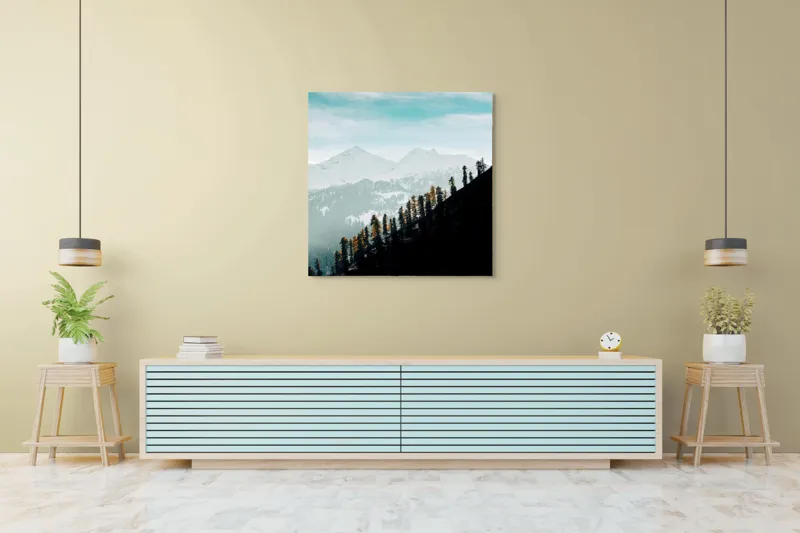 Tablou Canvas, "Copaci solitari pe culmea muntelui blanc", Cer, Munte, Zăpadă, Pădure, Umbre, Copaci, Orizont, Natural, Calm, Frumusețe, 100 x 100 cm – poza 5
