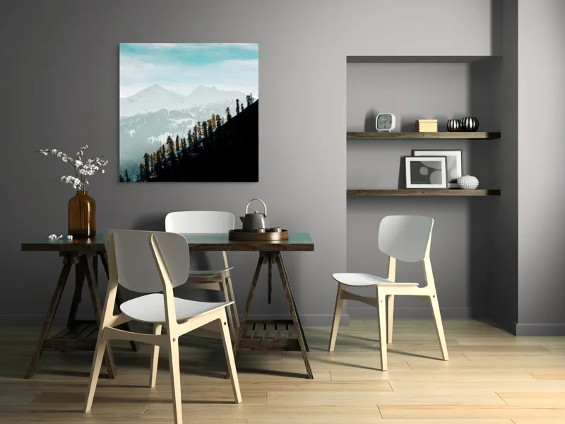 Tablou Canvas, "Copaci solitari pe culmea muntelui blanc", Cer, Munte, Zăpadă, Pădure, Umbre, Copaci, Orizont, Natural, Calm, Frumusețe, 100 x 100 cm – poza 6
