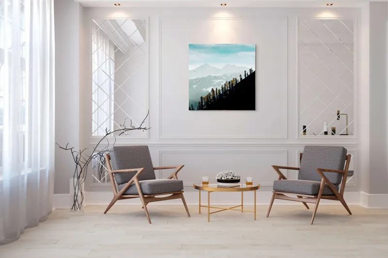 Tablou Canvas, "Copaci solitari pe culmea muntelui blanc", Cer, Munte, Zăpadă, Pădure, Umbre, Copaci, Orizont, Natural, Calm, Frumusețe, 100 x 100 cm – poza 7