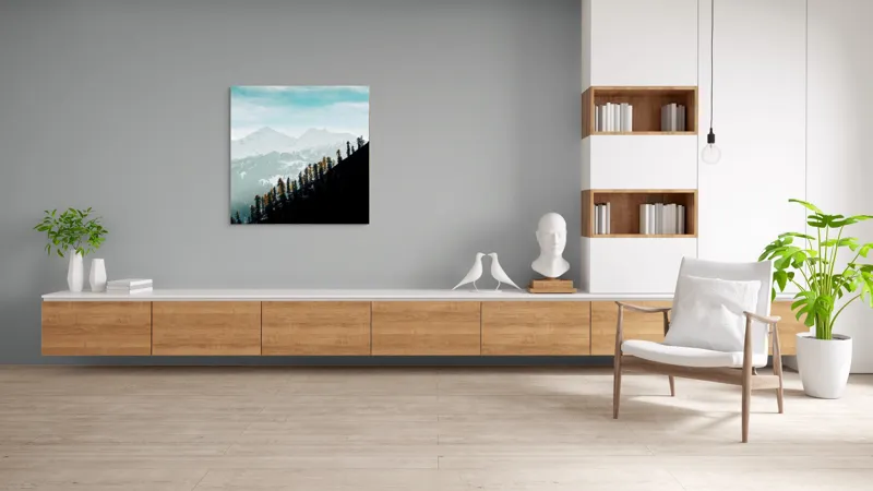 Tablou Canvas, "Copaci solitari pe culmea muntelui blanc", Cer, Munte, Zăpadă, Pădure, Umbre, Copaci, Orizont, Natural, Calm, Frumusețe, 100 x 100 cm – poza 8