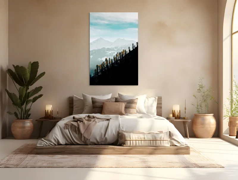 Tablou Canvas, "Copaci solitari pe culmea muntelui blanc", Cer, Munte, Zăpadă, Pădure, Umbre, Copaci, Orizont, Natural, Calm, Frumusețe, 100 x 150 cm – poza 3
