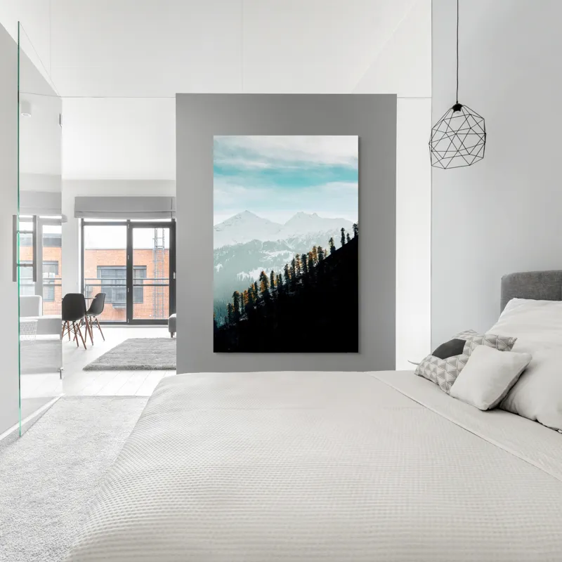 Tablou Canvas, "Copaci solitari pe culmea muntelui blanc", Cer, Munte, Zăpadă, Pădure, Umbre, Copaci, Orizont, Natural, Calm, Frumusețe, 100 x 150 cm – poza 5
