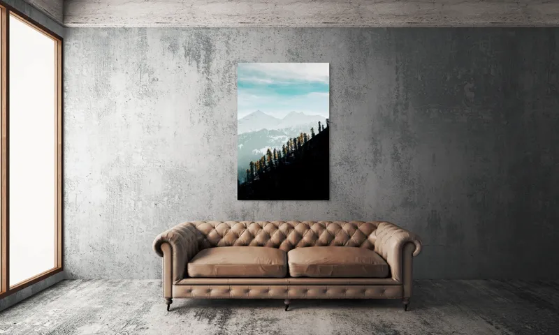 Tablou Canvas, "Copaci solitari pe culmea muntelui blanc", Cer, Munte, Zăpadă, Pădure, Umbre, Copaci, Orizont, Natural, Calm, Frumusețe, 100 x 150 cm – poza 6
