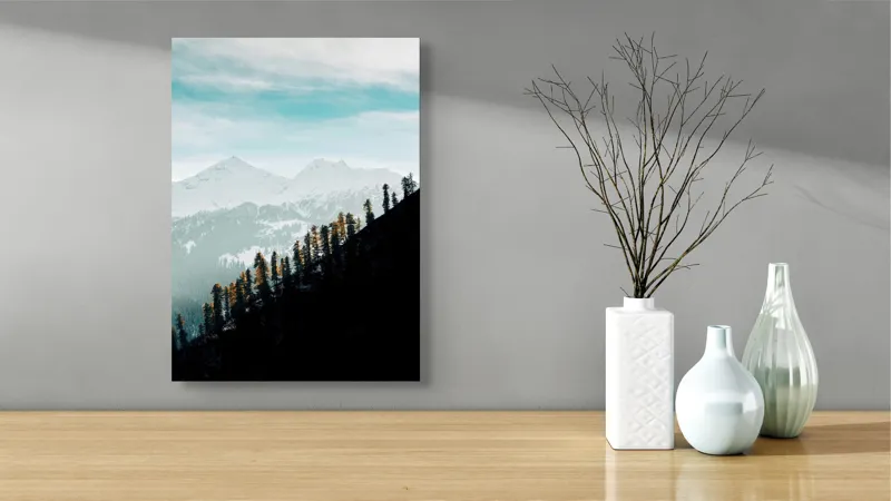 Tablou Canvas, "Copaci solitari pe culmea muntelui blanc", Cer, Munte, Zăpadă, Pădure, Umbre, Copaci, Orizont, Natural, Calm, Frumusețe, 39 x 54 cm – poza 4