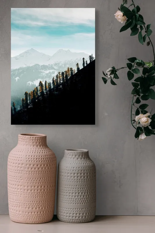 Tablou Canvas, "Copaci solitari pe culmea muntelui blanc", Cer, Munte, Zăpadă, Pădure, Umbre, Copaci, Orizont, Natural, Calm, Frumusețe, 39 x 54 cm – poza 6