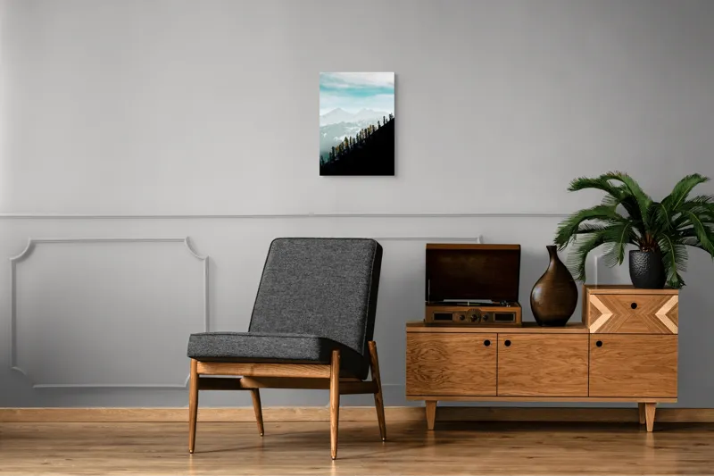 Tablou Canvas, "Copaci solitari pe culmea muntelui blanc", Cer, Munte, Zăpadă, Pădure, Umbre, Copaci, Orizont, Natural, Calm, Frumusețe, 39 x 54 cm – poza 8