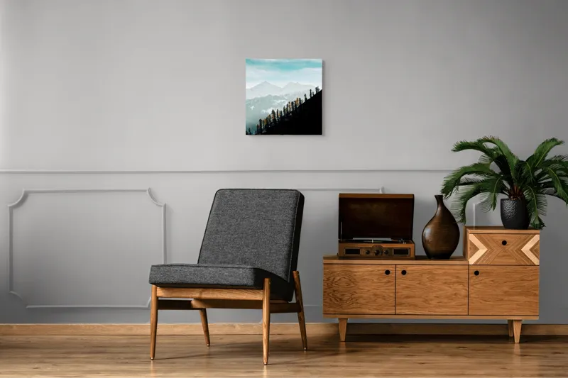 Tablou Canvas, "Copaci solitari pe culmea muntelui blanc", Cer, Munte, Zăpadă, Pădure, Umbre, Copaci, Orizont, Natural, Calm, Frumusețe, 50 x 50 cm – poza 6