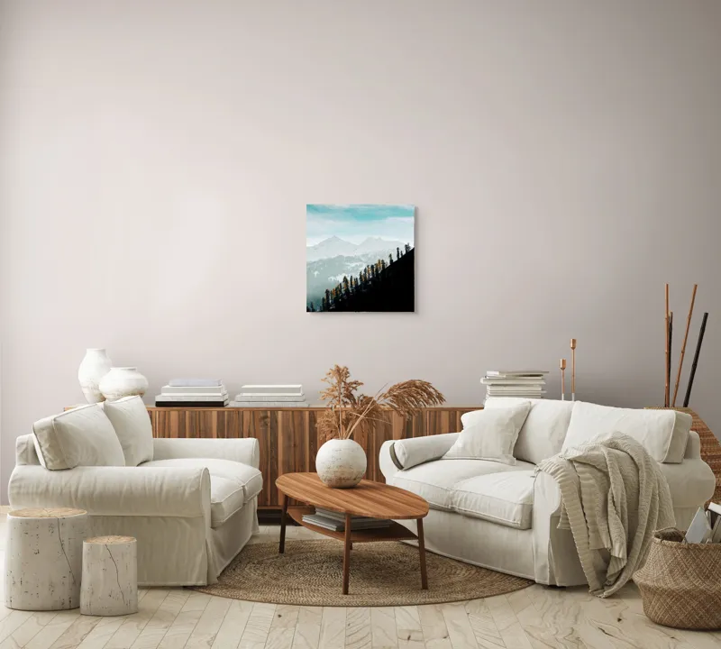 Tablou Canvas, "Copaci solitari pe culmea muntelui blanc", Cer, Munte, Zăpadă, Pădure, Umbre, Copaci, Orizont, Natural, Calm, Frumusețe, 50 x 50 cm – poza 7
