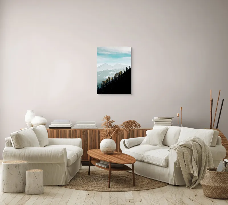 Tablou Canvas, "Copaci solitari pe culmea muntelui blanc", Cer, Munte, Zăpadă, Pădure, Umbre, Copaci, Orizont, Natural, Calm, Frumusețe, 50 x 70 cm – poza 4