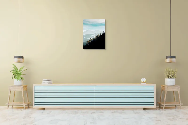 Tablou Canvas, "Copaci solitari pe culmea muntelui blanc", Cer, Munte, Zăpadă, Pădure, Umbre, Copaci, Orizont, Natural, Calm, Frumusețe, 50 x 70 cm – poza 6