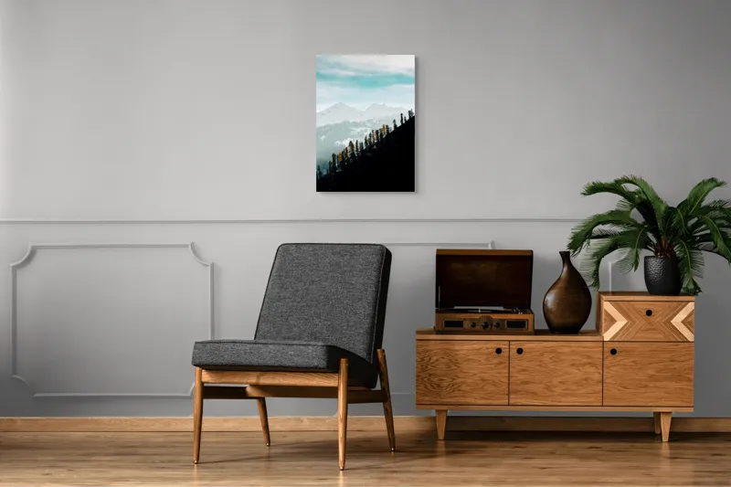 Tablou Canvas, "Copaci solitari pe culmea muntelui blanc", Cer, Munte, Zăpadă, Pădure, Umbre, Copaci, Orizont, Natural, Calm, Frumusețe, 50 x 70 cm – poza 8