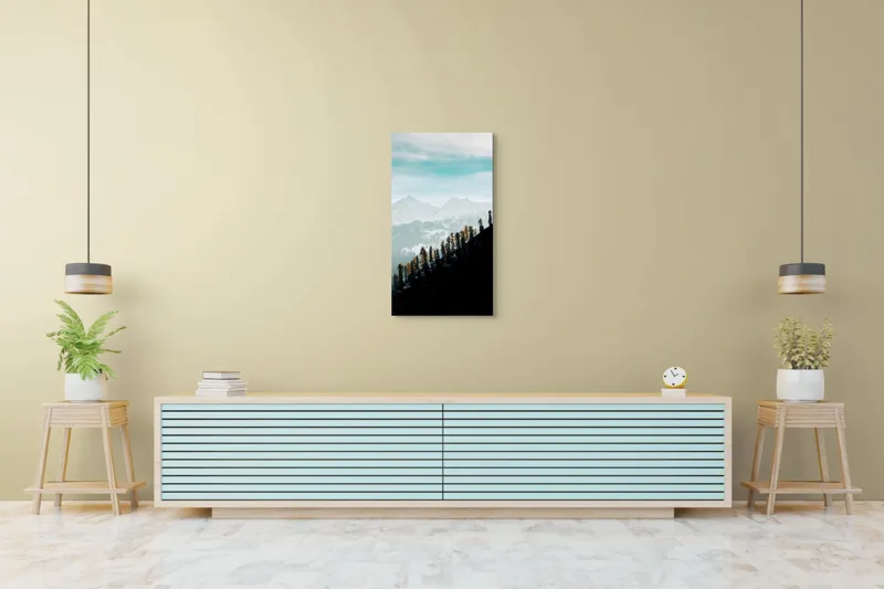 Tablou Canvas, "Copaci solitari pe culmea muntelui blanc", Cer, Munte, Zăpadă, Pădure, Umbre, Copaci, Orizont, Natural, Calm, Frumusețe, 50 x 90 cm – poza 6