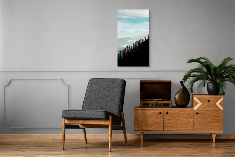 Tablou Canvas, "Copaci solitari pe culmea muntelui blanc", Cer, Munte, Zăpadă, Pădure, Umbre, Copaci, Orizont, Natural, Calm, Frumusețe, 50 x 90 cm – poza 8