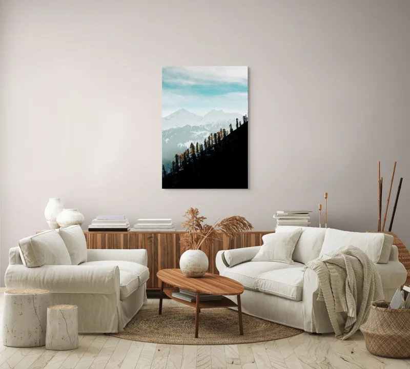 Tablou Canvas, "Copaci solitari pe culmea muntelui blanc", Cer, Munte, Zăpadă, Pădure, Umbre, Copaci, Orizont, Natural, Calm, Frumusețe, 70 x 100 cm – poza 4