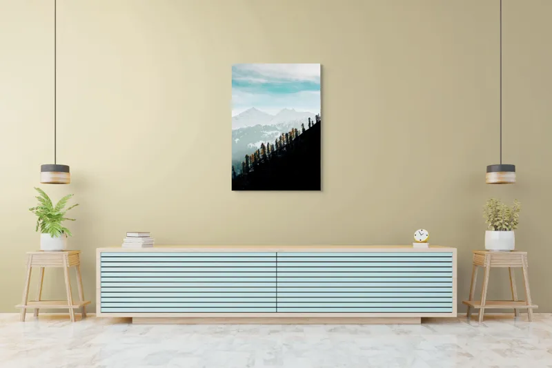 Tablou Canvas, "Copaci solitari pe culmea muntelui blanc", Cer, Munte, Zăpadă, Pădure, Umbre, Copaci, Orizont, Natural, Calm, Frumusețe, 70 x 100 cm – poza 5