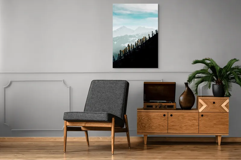 Tablou Canvas, "Copaci solitari pe culmea muntelui blanc", Cer, Munte, Zăpadă, Pădure, Umbre, Copaci, Orizont, Natural, Calm, Frumusețe, 70 x 100 cm – poza 6