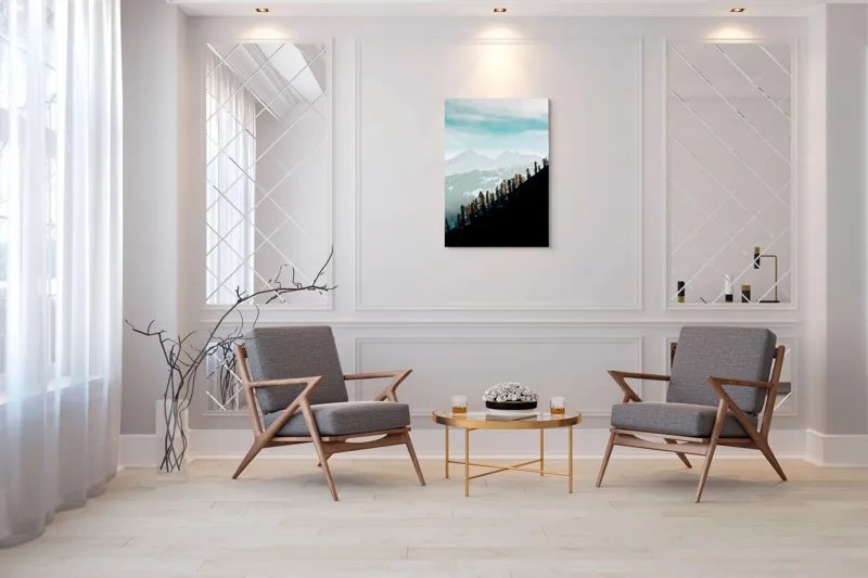 Tablou Canvas, "Copaci solitari pe culmea muntelui blanc", Cer, Munte, Zăpadă, Pădure, Umbre, Copaci, Orizont, Natural, Calm, Frumusețe, 70 x 100 cm – poza 8