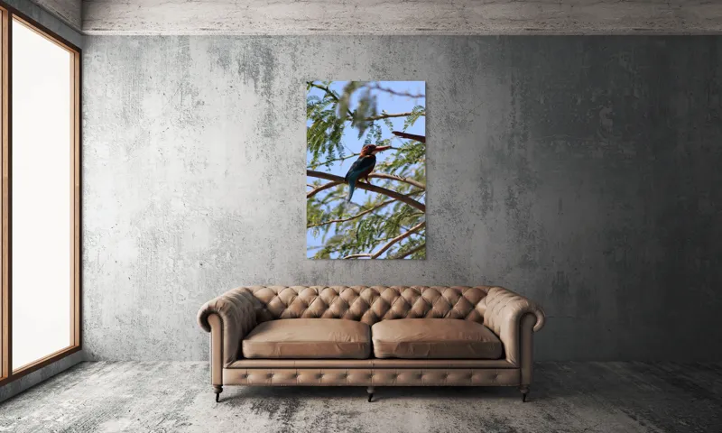 Tablou Canvas, "Regele pescar printre ramuri verzi", Pasăre, Ramură, Frunze, Cer, Natură, Pene, Zbor, Lumină, 100 x 150 cm – poza 6