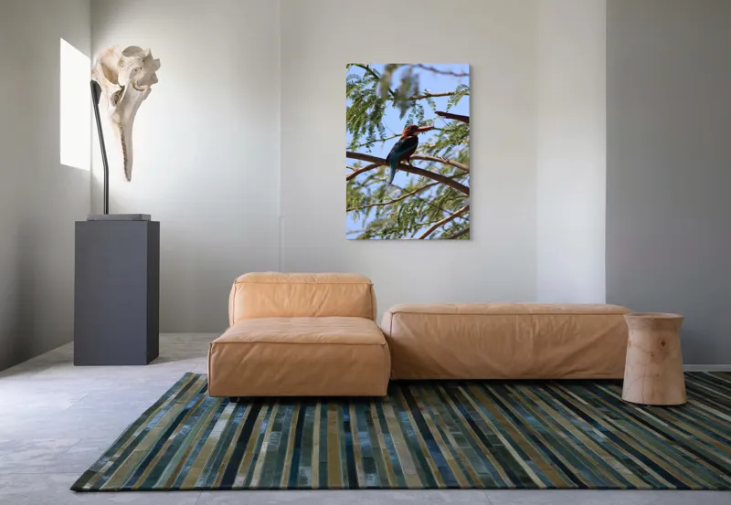Tablou Canvas, "Regele pescar printre ramuri verzi", Pasăre, Ramură, Frunze, Cer, Natură, Pene, Zbor, Lumină, 70 x 100 cm – poza 7
