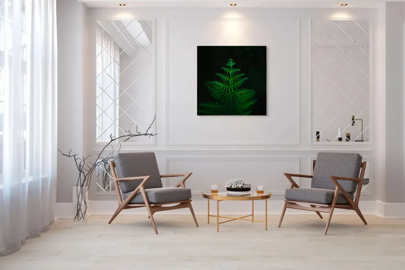 Tablou Canvas, "Frunza de ferigă în întuneric viu", Frumusețe, Simetrie, Natură, Verde, Delicatețe, Lumină, Întuneric, Contrast, Frunziș, Siluetă, 100 x 100 cm – poza 7