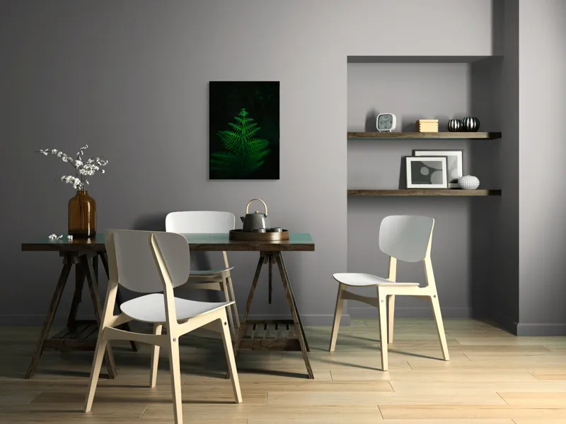 Tablou Canvas, "Frunza de ferigă în întuneric viu", Frumusețe, Simetrie, Natură, Verde, Delicatețe, Lumină, Întuneric, Contrast, Frunziș, Siluetă, 50 x 70 cm – poza 5