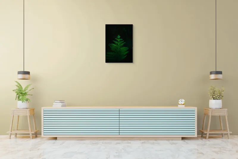 Tablou Canvas, "Frunza de ferigă în întuneric viu", Frumusețe, Simetrie, Natură, Verde, Delicatețe, Lumină, Întuneric, Contrast, Frunziș, Siluetă, 50 x 70 cm – poza 6
