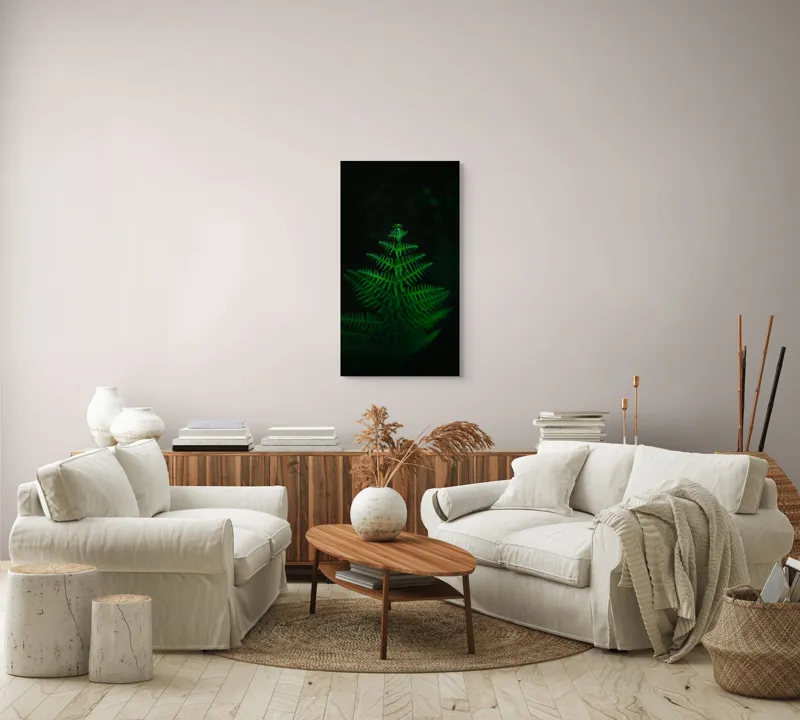 Tablou Canvas, "Frunza de ferigă în întuneric viu", Frumusețe, Simetrie, Natură, Verde, Delicatețe, Lumină, Întuneric, Contrast, Frunziș, Siluetă, 50 x 90 cm – poza 7