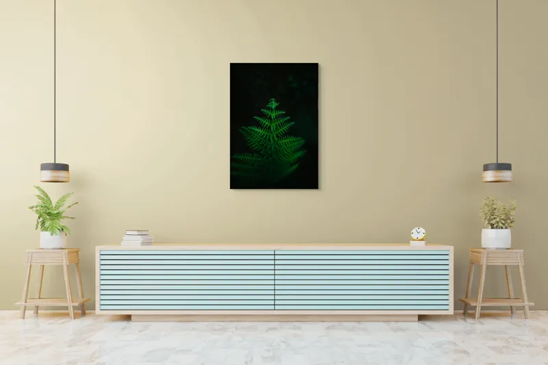 Tablou Canvas, "Frunza de ferigă în întuneric viu", Frumusețe, Simetrie, Natură, Verde, Delicatețe, Lumină, Întuneric, Contrast, Frunziș, Siluetă, 70 x 100 cm – poza 5