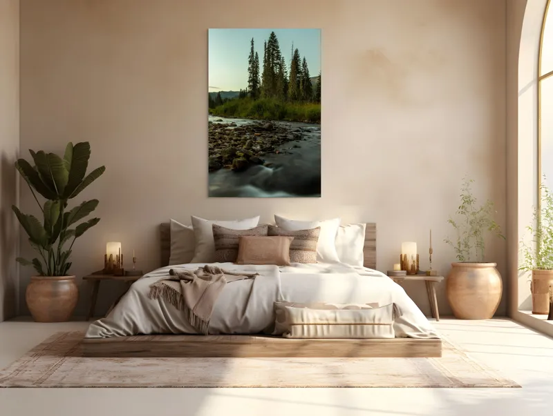 Tablou Canvas, "Râu șerpuitor prin pădurea deasă", Apus, Râu, Pădure, Copaci, Pietre, Natură, Serenitate, Munţi, Vegetaţie, Lumină, Cer, Timp., 100 x 150 cm – poza 3