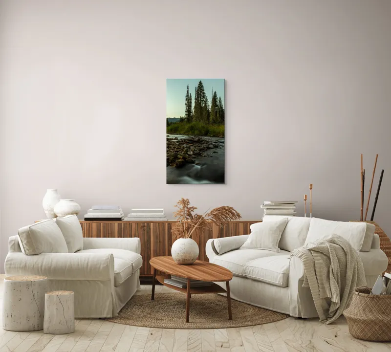 Tablou Canvas, "Râu șerpuitor prin pădurea deasă", Apus, Râu, Pădure, Copaci, Pietre, Natură, Serenitate, Munţi, Vegetaţie, Lumină, Cer, Timp., 50 x 90 cm – poza 7