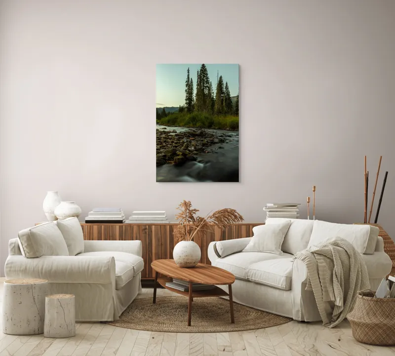 Tablou Canvas, "Râu șerpuitor prin pădurea deasă", Apus, Râu, Pădure, Copaci, Pietre, Natură, Serenitate, Munţi, Vegetaţie, Lumină, Cer, Timp., 70 x 100 cm – poza 4