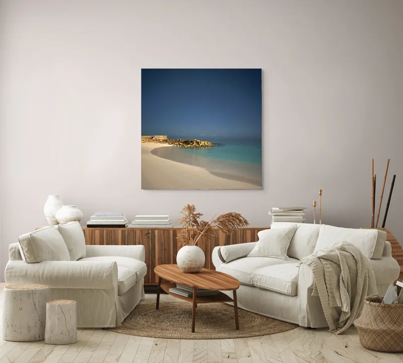 Tablou Canvas, "Liniștea mării sub cerul nocturn", Plajă, Nisip, Ocean, Cer, Stele, Liniște, Lumină, Noapte, Valuri, Stânci, 100 x 100 cm – poza 3