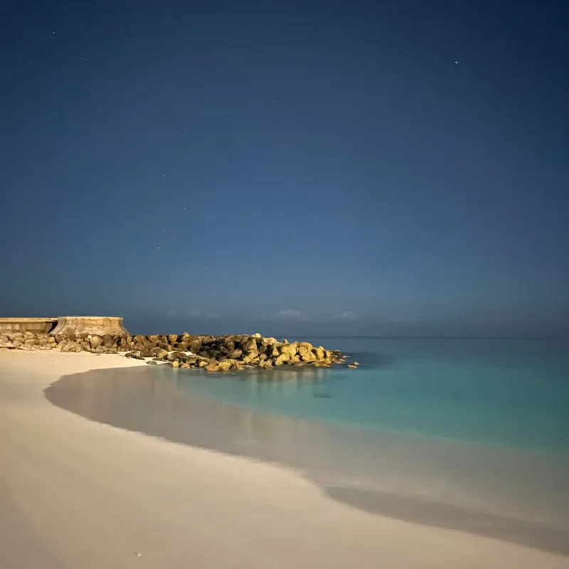 Tablou Canvas, "Liniștea mării sub cerul nocturn", Plajă, Nisip, Ocean, Cer, Stele, Liniște, Lumină, Noapte, Valuri, Stânci, 100 x 100 cm – poza 2