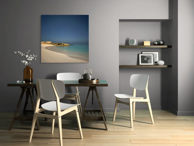 Tablou Canvas, "Liniștea mării sub cerul nocturn", Plajă, Nisip, Ocean, Cer, Stele, Liniște, Lumină, Noapte, Valuri, Stânci, 100 x 100 cm – poza 6