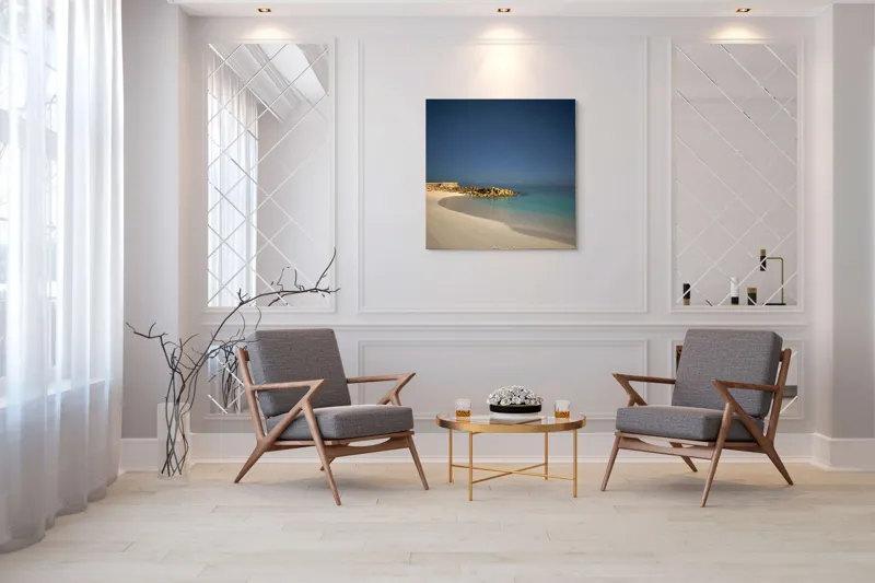 Tablou Canvas, "Liniștea mării sub cerul nocturn", Plajă, Nisip, Ocean, Cer, Stele, Liniște, Lumină, Noapte, Valuri, Stânci, 100 x 100 cm – poza 7