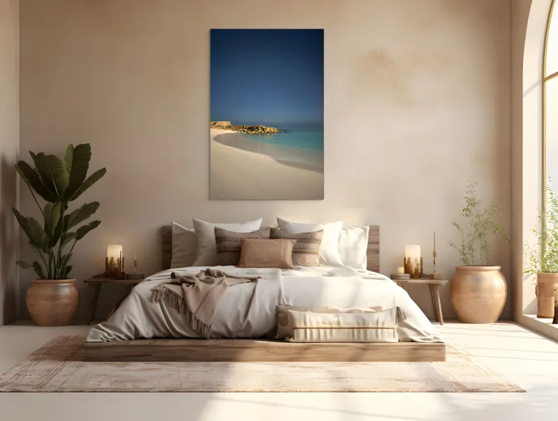 Tablou Canvas, "Liniștea mării sub cerul nocturn", Plajă, Nisip, Ocean, Cer, Stele, Liniște, Lumină, Noapte, Valuri, Stânci, 100 x 150 cm – poza 3