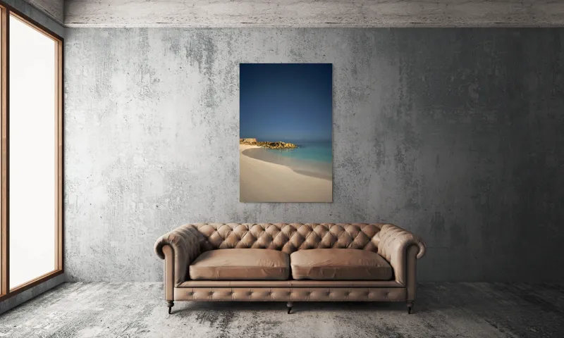 Tablou Canvas, "Liniștea mării sub cerul nocturn", Plajă, Nisip, Ocean, Cer, Stele, Liniște, Lumină, Noapte, Valuri, Stânci, 100 x 150 cm – poza 6