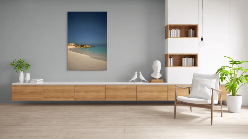 Tablou Canvas, "Liniștea mării sub cerul nocturn", Plajă, Nisip, Ocean, Cer, Stele, Liniște, Lumină, Noapte, Valuri, Stânci, 100 x 150 cm – poza 8