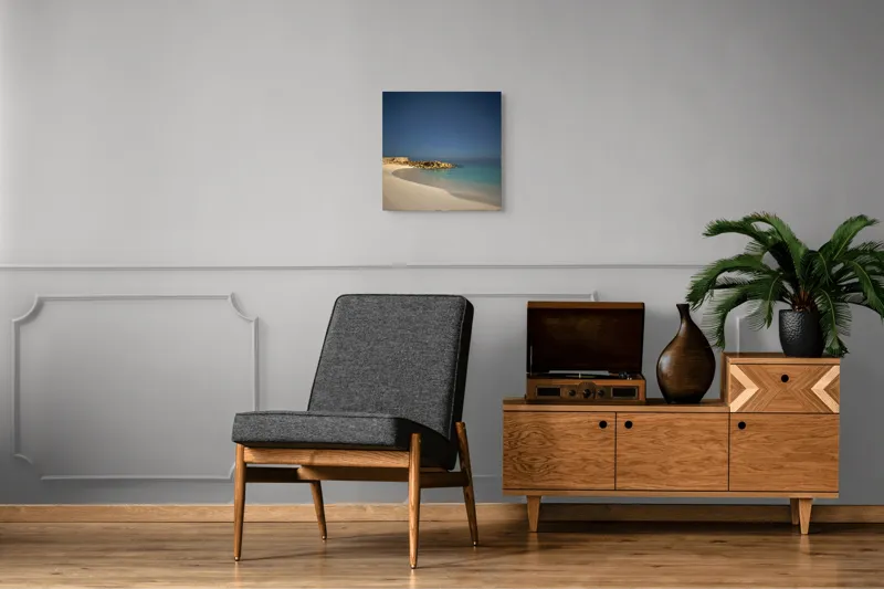 Tablou Canvas, "Liniștea mării sub cerul nocturn", Plajă, Nisip, Ocean, Cer, Stele, Liniște, Lumină, Noapte, Valuri, Stânci, 50 x 50 cm – poza 6