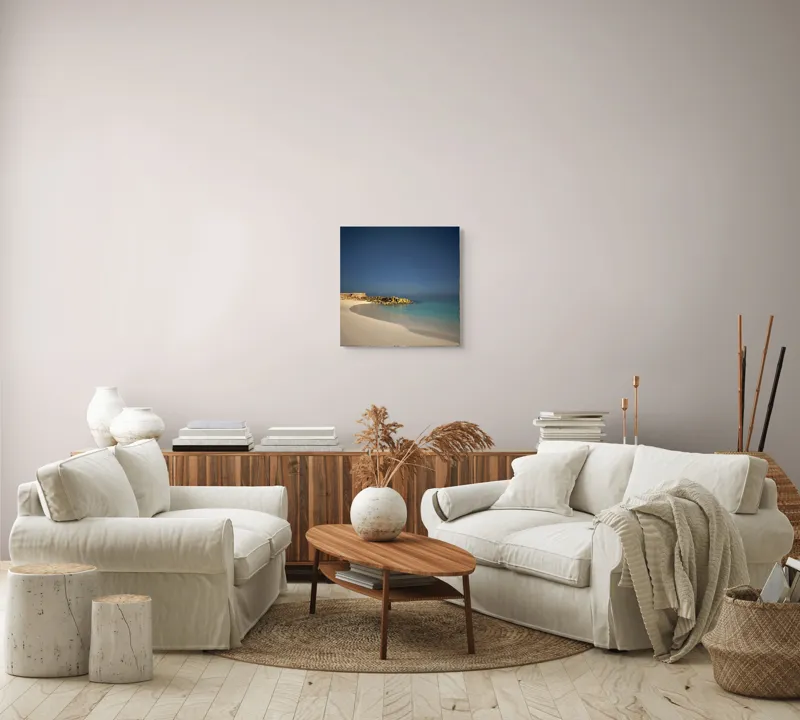 Tablou Canvas, "Liniștea mării sub cerul nocturn", Plajă, Nisip, Ocean, Cer, Stele, Liniște, Lumină, Noapte, Valuri, Stânci, 50 x 50 cm – poza 7
