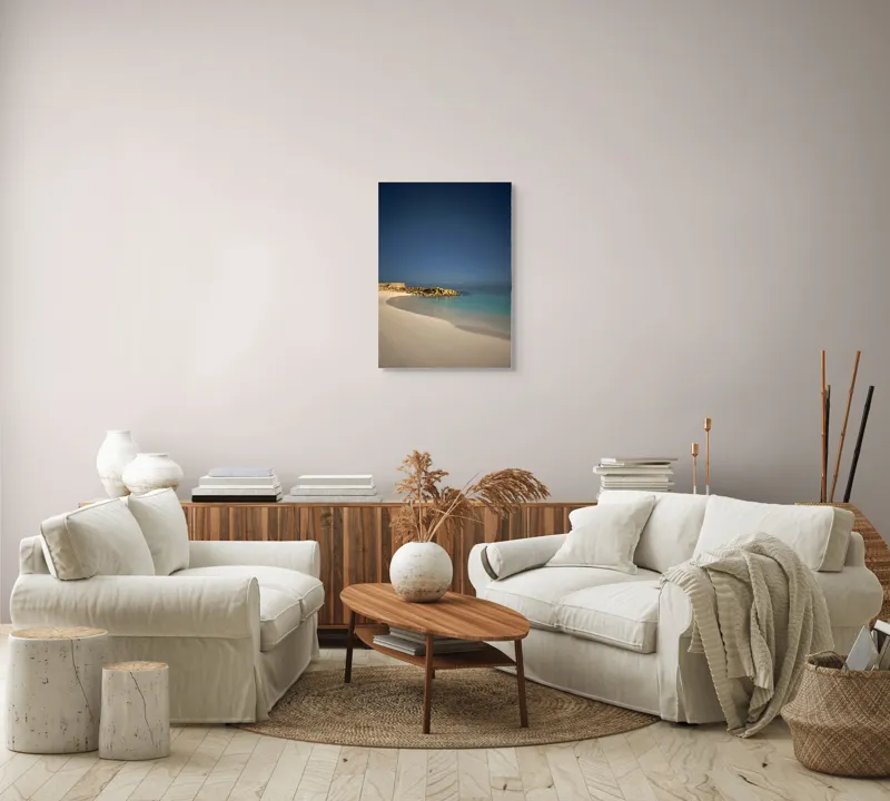 Tablou Canvas, "Liniștea mării sub cerul nocturn", Plajă, Nisip, Ocean, Cer, Stele, Liniște, Lumină, Noapte, Valuri, Stânci, 50 x 70 cm – poza 4