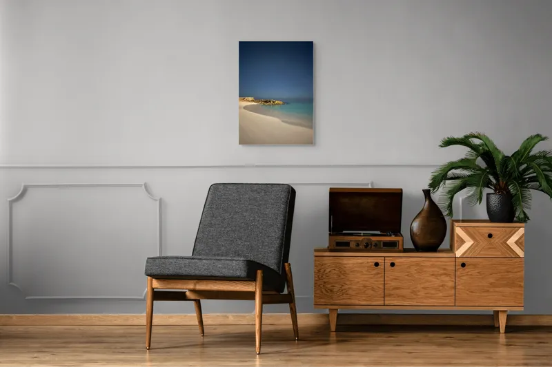 Tablou Canvas, "Liniștea mării sub cerul nocturn", Plajă, Nisip, Ocean, Cer, Stele, Liniște, Lumină, Noapte, Valuri, Stânci, 50 x 70 cm – poza 8
