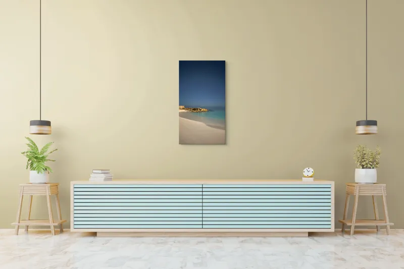 Tablou Canvas, "Liniștea mării sub cerul nocturn", Plajă, Nisip, Ocean, Cer, Stele, Liniște, Lumină, Noapte, Valuri, Stânci, 50 x 90 cm – poza 6