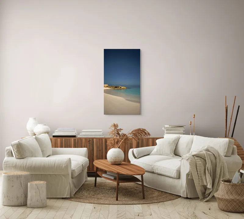 Tablou Canvas, "Liniștea mării sub cerul nocturn", Plajă, Nisip, Ocean, Cer, Stele, Liniște, Lumină, Noapte, Valuri, Stânci, 50 x 90 cm – poza 7