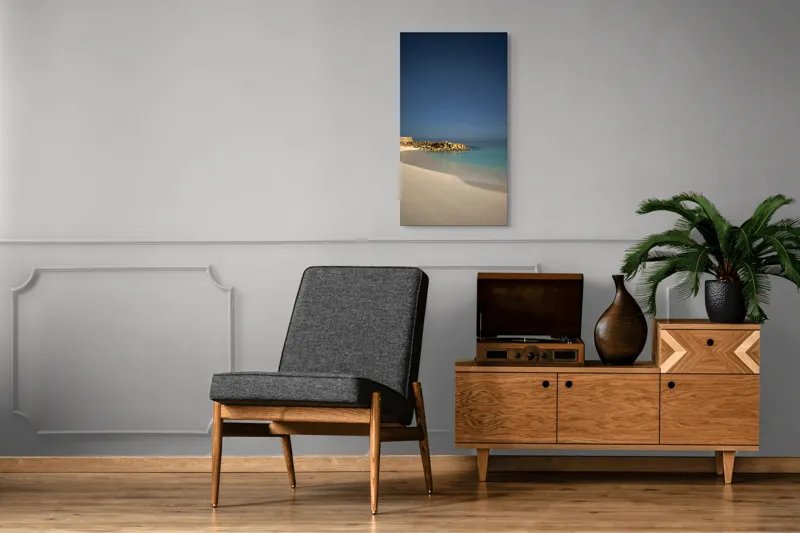 Tablou Canvas, "Liniștea mării sub cerul nocturn", Plajă, Nisip, Ocean, Cer, Stele, Liniște, Lumină, Noapte, Valuri, Stânci, 50 x 90 cm – poza 8