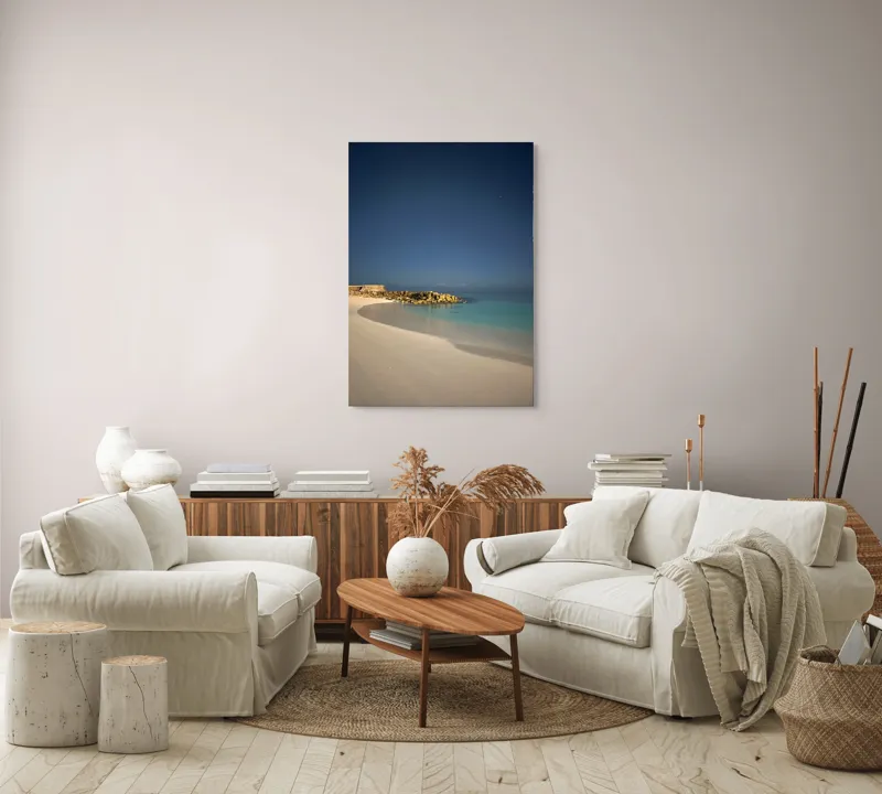 Tablou Canvas, "Liniștea mării sub cerul nocturn", Plajă, Nisip, Ocean, Cer, Stele, Liniște, Lumină, Noapte, Valuri, Stânci, 70 x 100 cm – poza 4