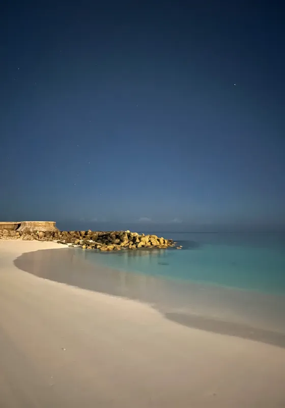 Tablou Canvas, "Liniștea mării sub cerul nocturn", Plajă, Nisip, Ocean, Cer, Stele, Liniște, Lumină, Noapte, Valuri, Stânci, 70 x 100 cm – poza 2