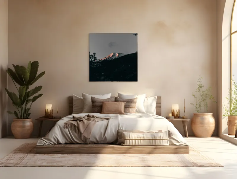 Tablou Canvas, "Lumina amurgului pe vârful muntelui", Munți, Apus, Zăpadă, Pini, Cer, Umbre, Natură, Linie Orizontului, Contrast., 100 x 100 cm – poza 4
