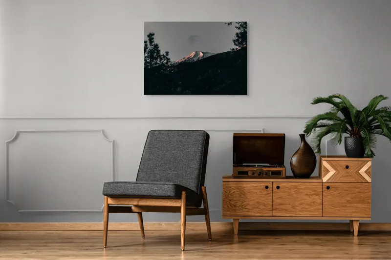 Tablou Canvas, "Lumina amurgului pe vârful muntelui", Munți, Apus, Zăpadă, Pini, Cer, Umbre, Natură, Linie Orizontului, Contrast., 100 x 70 cm – poza 8