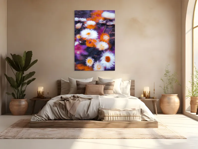 Tablou Canvas, "Flori albe și portocalii în mișcare", Flori, Vibrante, Culori, Alb, Portocaliu, Mov, Petale, Textură, Frumusețe, Natură, 100 x 150 cm – poza 3
